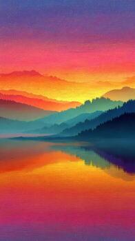 Vibrant sunset reflecting on calm water surrounded by serene mountains in a peaceful landscape photo