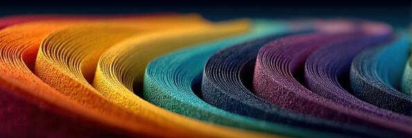 Colorful rolls of fabric arranged in wavy lines create an artistic display in a bright workshop setting photo