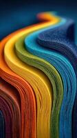 Vibrant layers of colored paper arranged in wavy patterns on a dark background creating an artistic display photo