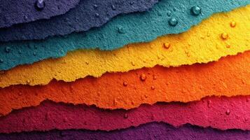 Colorful paper strips with water droplets create a vibrant textured background for creative projects photo