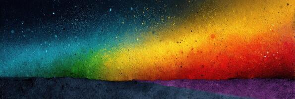 Colorful abstract painting with vibrant gradient blending into a dark landscape at sunset photo