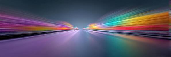 Colorful light trails create a dynamic atmosphere on an empty road at night photo
