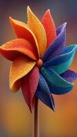 Colorful wooden pinwheel decorated with vibrant petals spinning gently against a blurred background in a playful atmosphere photo