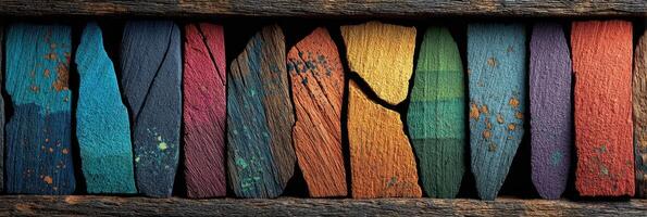 Colorful wooden planks arranged in a rustic pattern displaying vibrant hues and textures photo