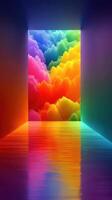 Colorful abstract hallway with vibrant rainbow clouds reflecting on a smooth surface in a surreal environment photo