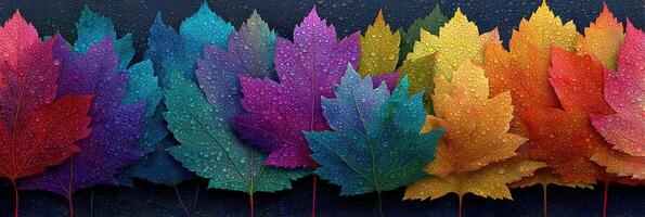 Colorful autumn leaves with water droplets arranged in a vibrant pattern showcasing nature's beauty photo
