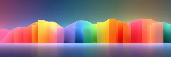 Vibrant abstract landscape featuring colorful geometric shapes and reflections under a gradient sky photo