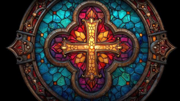 Colorful stained glass window featuring a cross design with intricate patterns and vibrant hues of blue and red photo