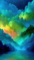 Vibrant abstract landscape with colorful clouds and serene water photo
