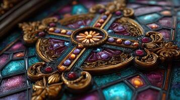 Intricate stained glass design featuring colorful patterns and ornate details in a historic building photo
