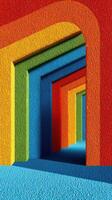 Colorful arches create a vibrant pathway in a surreal architectural space during daylight hours photo