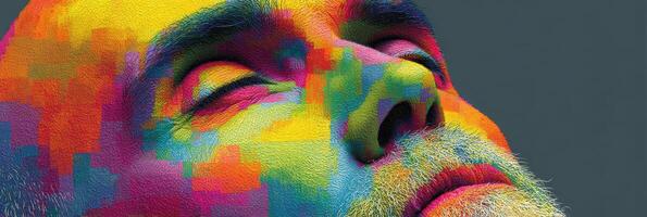 Colorful abstract portrait of a man with closed eyes showcasing vibrant hues and artistic expression photo