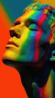 Colorful portrait of a man with vibrant rainbow lighting highlighting unique features and expressions at a creative art event photo