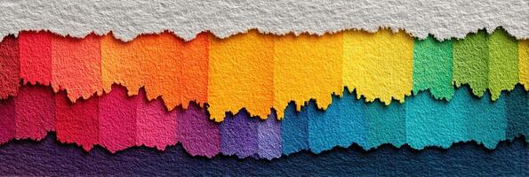 Vibrant layers of torn paper showcasing a rainbow of colors for creative art projects photo