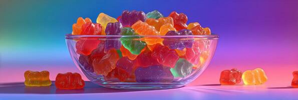 Colorful gummy bears in a glass bowl against a vibrant gradient background photo