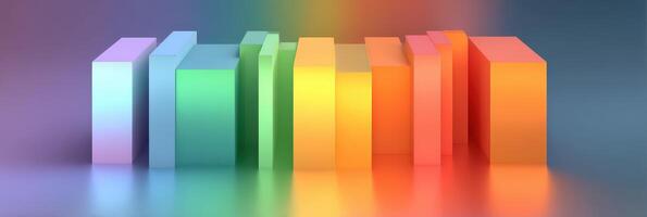 Colorful 3D blocks arranged in a gradient pattern on a reflective surface with soft lighting in an artistic display photo