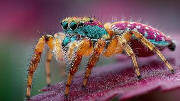 Colorful spider resting on a leaf in a garden during sunlight, showcasing its vibrant markings and intricate details photo