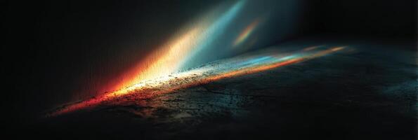Light beams emerge from a dark corner, creating abstract patterns on a textured surface photo