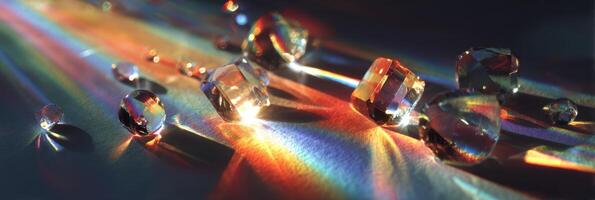 Colorful light refraction through crystals creates vibrant patterns on a surface during daylight photo