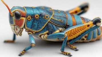 Macro shot reveals intricate details of a colorful grasshopper in its natural form photo