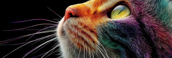 Colorful close-up of a cat's face with intricate details and vibrant hues on a black background photo