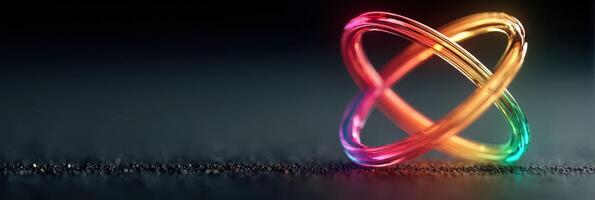 Colorful light trails create an abstract design on a dark surface in a modern artistic display photo