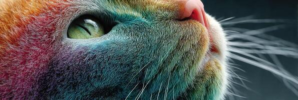 Colorful cat close-up showcasing vivid details and striking expression in a creative artistic style photo