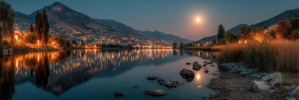 Evening glow reflects on tranquil lake under a full moon at a scenic mountain location photo