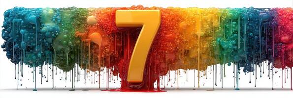 Colorful number seven dripping in vibrant hues against a white background with bubbles and textures photo