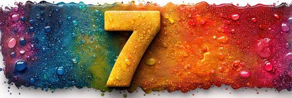 Colorful number seven displayed against a vibrant, rainbow-hued background with raindrops photo