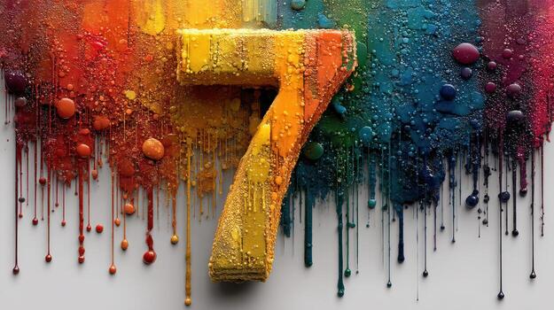 Colorful splashes of paint create vibrant number seven artwork against a textured background with dripping effects photo