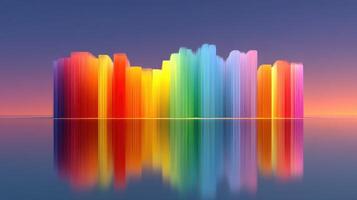 Colorful abstract skyline reflection at sunset on calm water surface photo