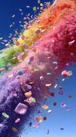 Vibrant colored powders and petals cascading from the sky during a festive celebration on a clear day photo