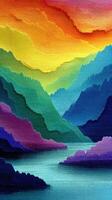 Colorful abstract landscape depicting mountains reflecting in tranquil water during sunset photo