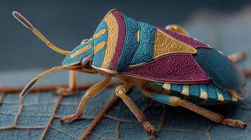Colorful insect resting on a leaf, showcasing intricate patterns and textures in natural light photo