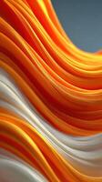 Colorful, flowing abstract design featuring orange and white wavy patterns against a blurred background photo