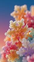 Colorful snowflakes creating a vibrant winter wonderland effect in soft light during a peaceful evening photo