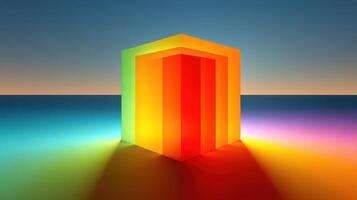 Colorful geometric structure illuminated against a serene ocean backdrop during sunset photo