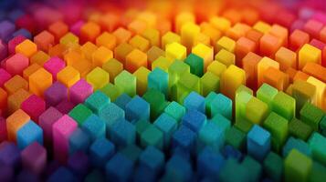 Colorful arrangement of small foam blocks resembling a vibrant abstract art display or installation photo