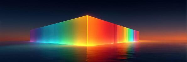 Vibrant geometric structure reflecting rainbow colors on a calm water surface during twilight hours photo