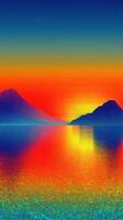 Colorful sunset over tranquil lake with mountains reflecting in calm water photo