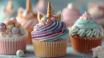 Colorful unicorn cupcakes decorated with pastel icing and sprinkles at a festive dessert display photo