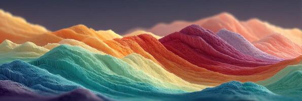 Colorful wave-like patterns simulate abstract mountains under a gradient sky at sunset photo
