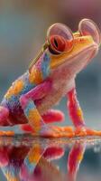 Colorful frog wearing sunglasses poses on a wet surface surrounded by vibrant background hues photo