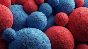 Colorful spheres in red and blue shades create an abstract pattern, showcasing vibrant textures and shapes in artistic display photo