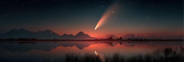 Stunning comet view over serene lake and majestic mountain range at night photo