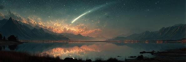 Majestic comet soaring over tranquil lake and mountain landscape at twilight photo