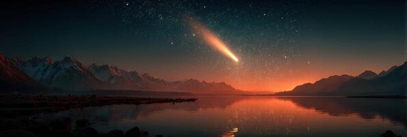 Beautiful celestial comet rising over serene lake reflecting mountains at night photo