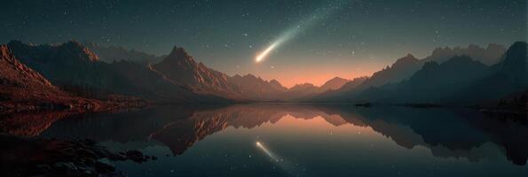 Stunning night sky showcases a comet over serene lake and majestic mountains at twilight photo