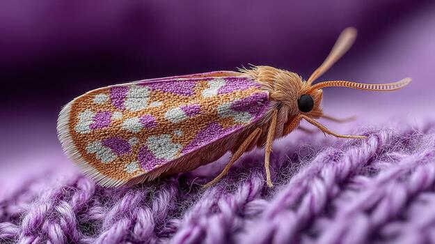 Colorful moth rests on a knitted fabric showcasing intricate patterns during a sunny afternoon photo